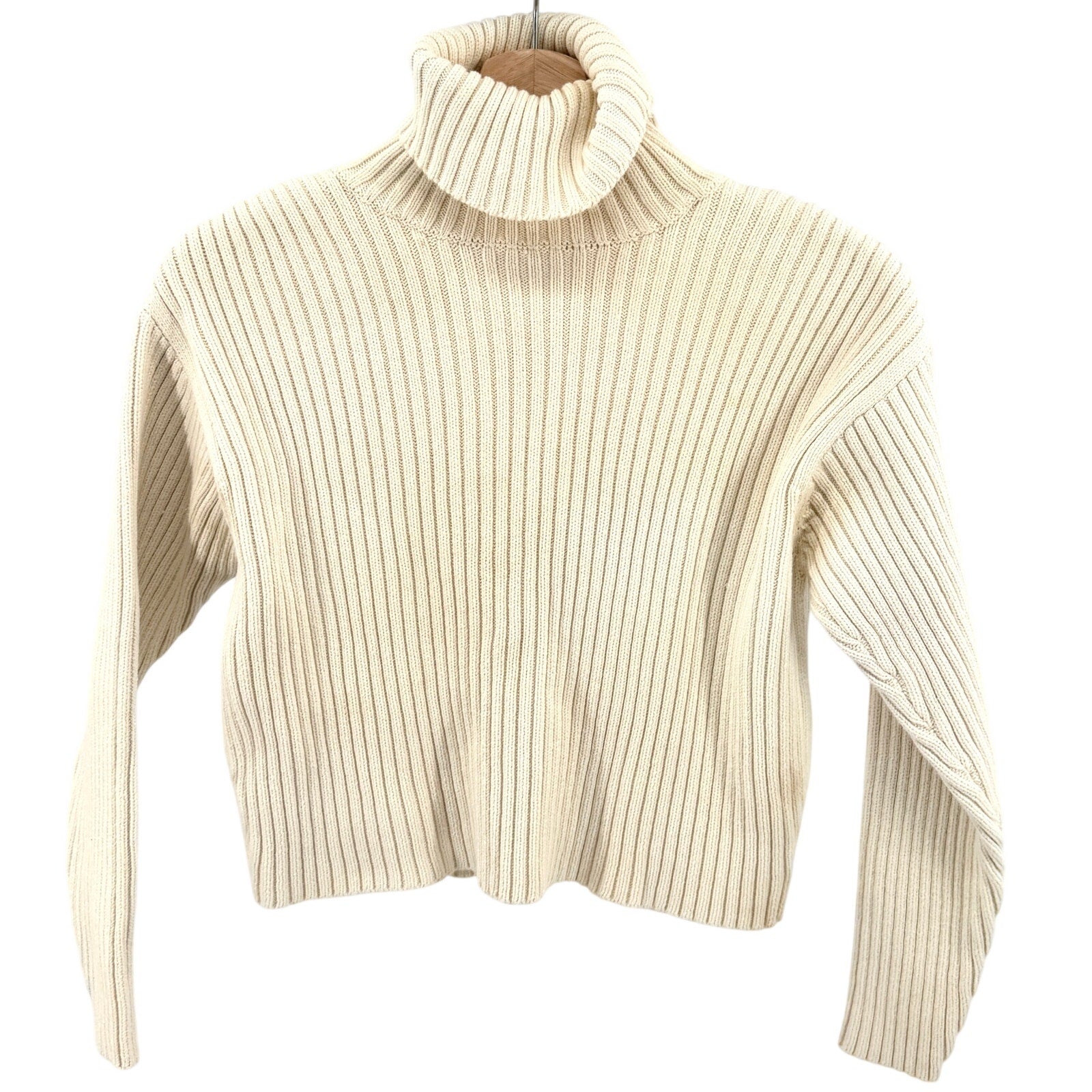 Vintage Y2K Ann Taylor Cream 100% Cotton Ribbed Crop Top Turtleneck Sweater