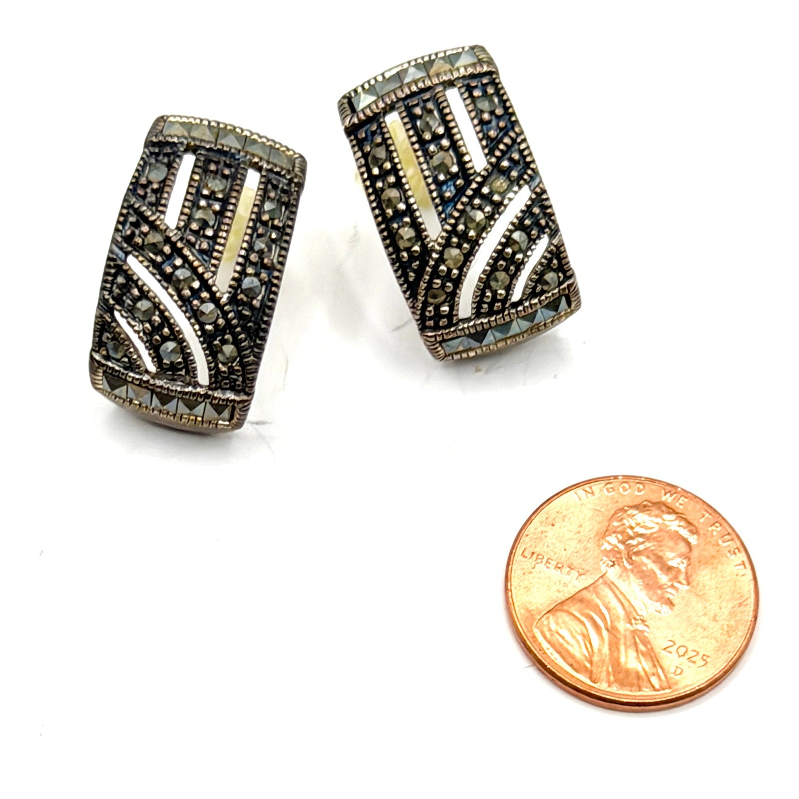 Vintage 90s Sterling Silver Stamped Marcasite Geometric Huggie Earrings