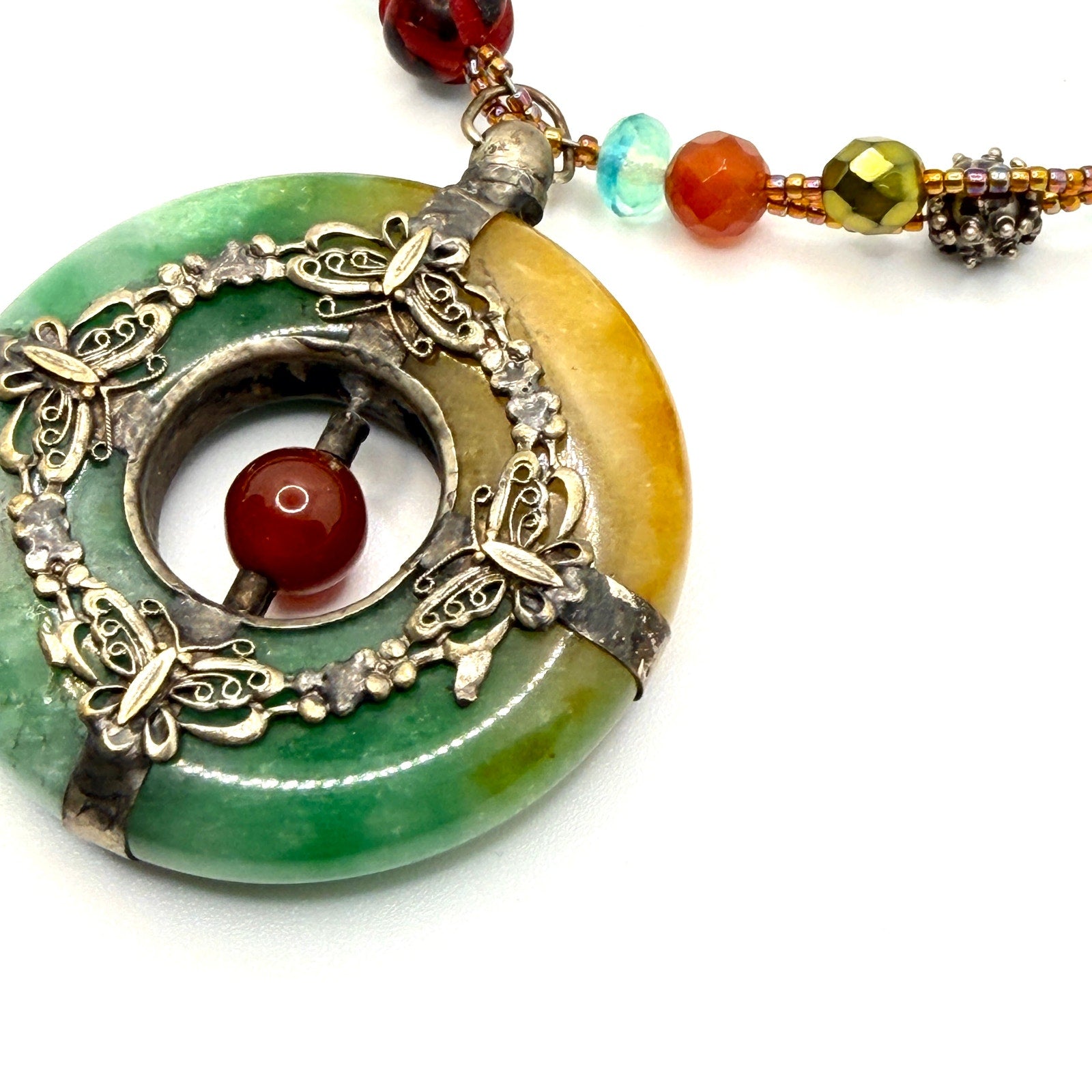Vintage 90s Bi-color Jade Butterfly Filigree Scarab Statement Necklace