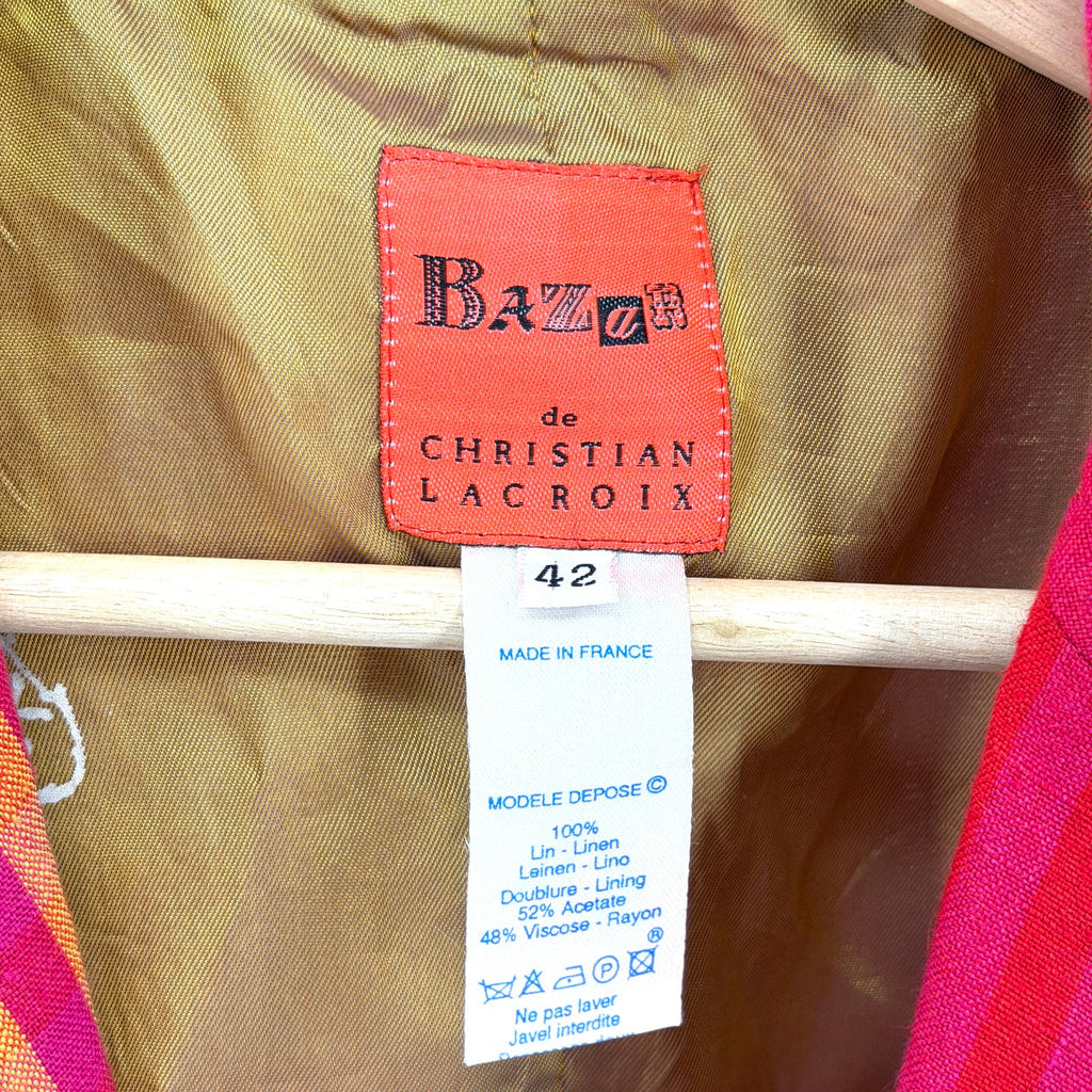 Vintage 90s Christian Lacroix Red Yellow Plaid 100% Linen Crop Jacket