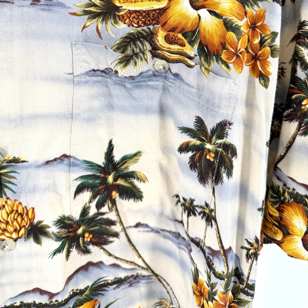 Vintage 90s Pierre Cardin Tan Rayon Hawaiian Scenic Shirt