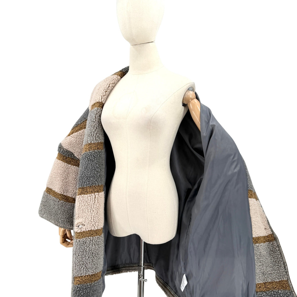en THREAD Gray Tan Striped Oversized Cocoon Duffel Coat