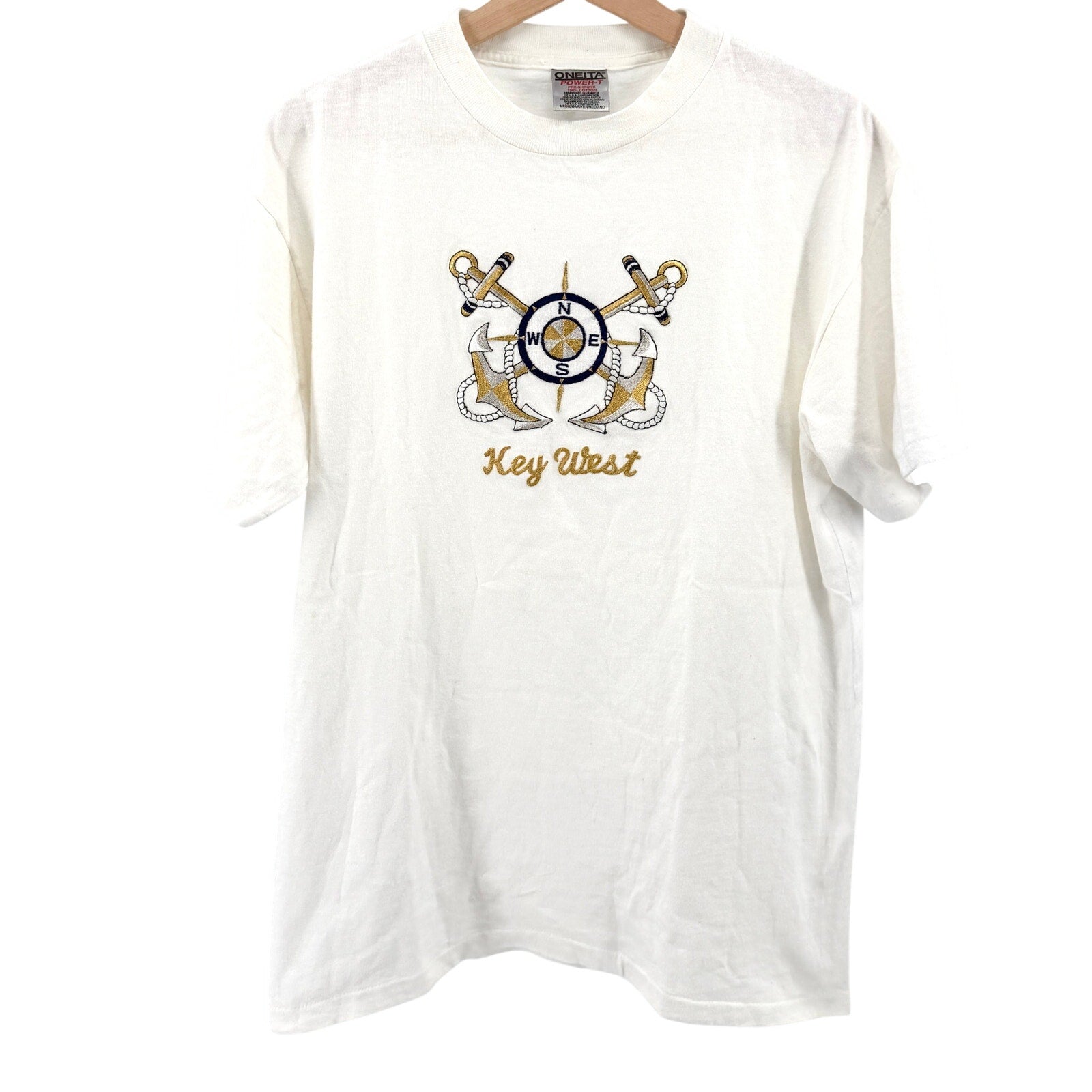 Vintage 90s Key West White 100% Cotton Gold Embroidered Nautical Tee