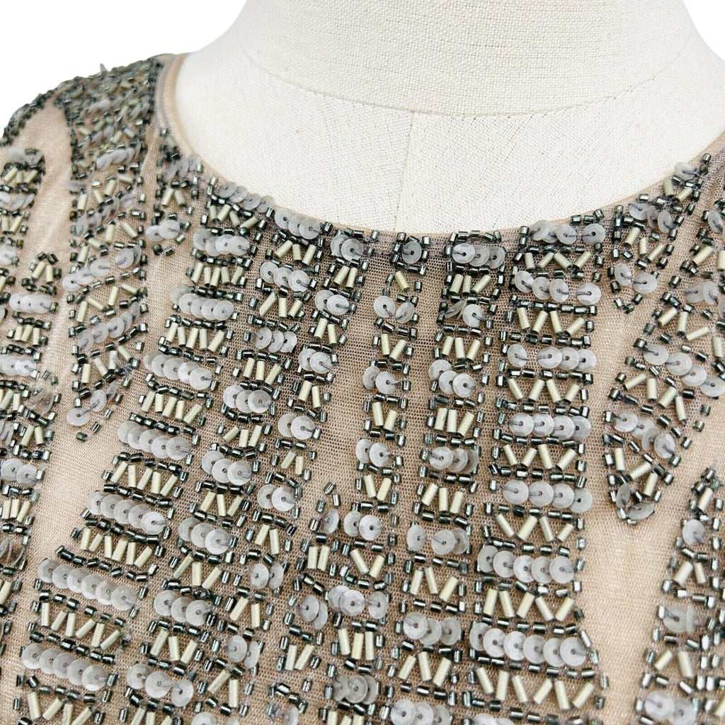 Vintage Y2K Farah Khan Beige Silver Beaded Sequin Bodycon Cocktail Dress