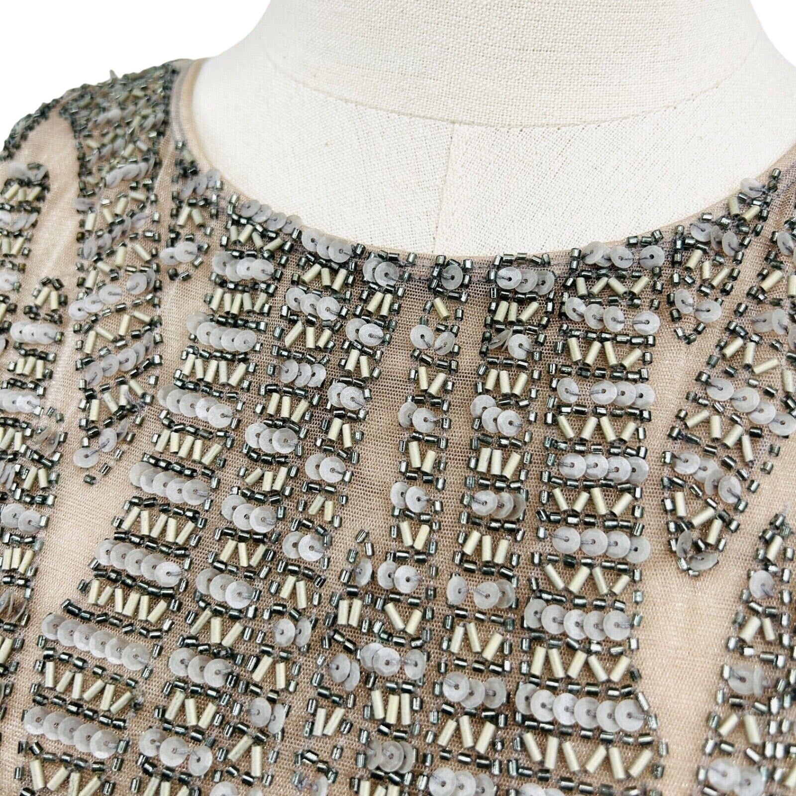 Vintage Y2K Farah Khan Beige Silver Beaded Sequin Bodycon Cocktail Dress