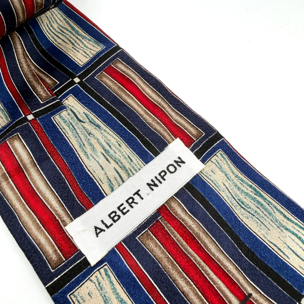 Vintage 90s Albert Nipon Navy Blue Red Silk Geometric Stripe Necktie