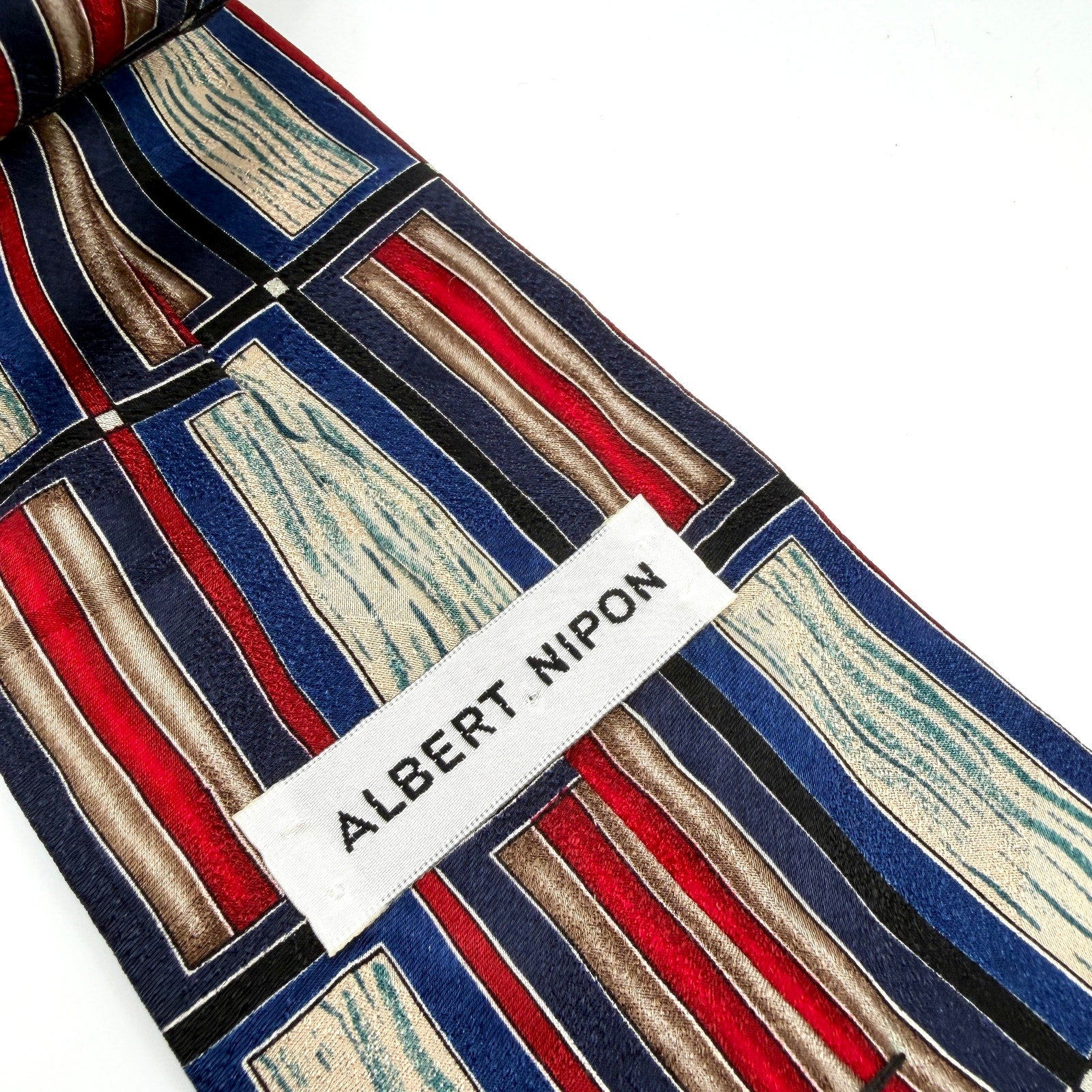 Vintage 90s Albert Nipon Navy Blue Red Silk Geometric Stripe Necktie