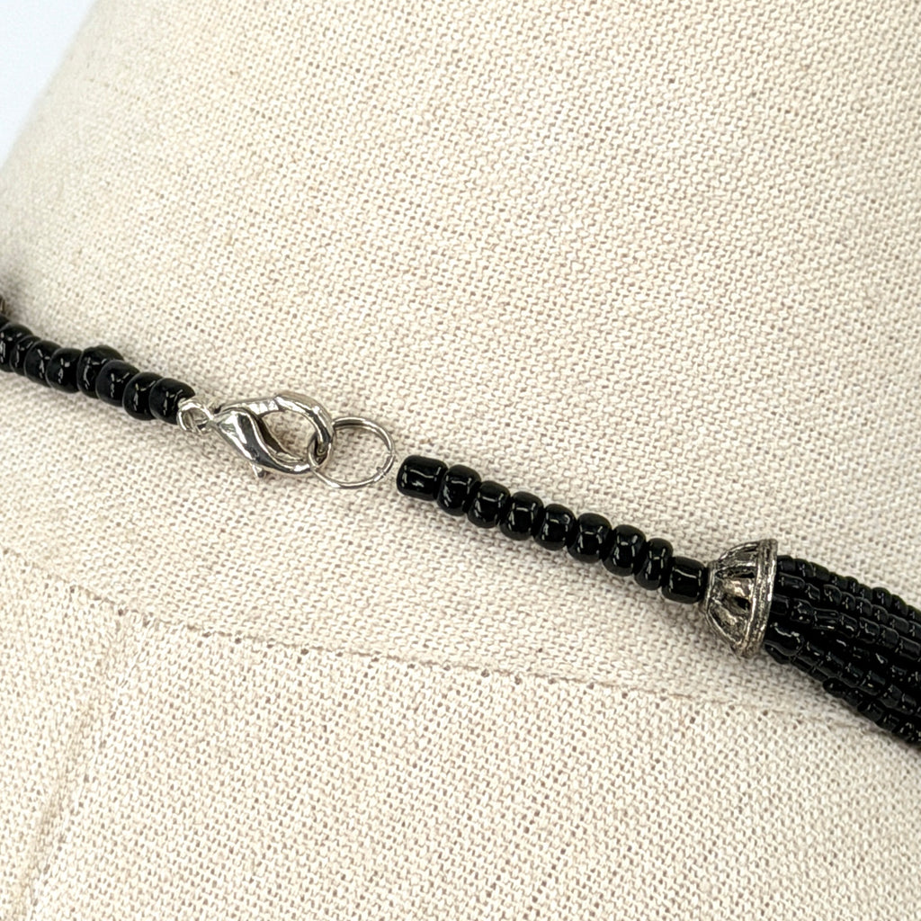 Vintage Black Multi Strand Glass Seed Bead Silver Tone Accent Statement Necklace