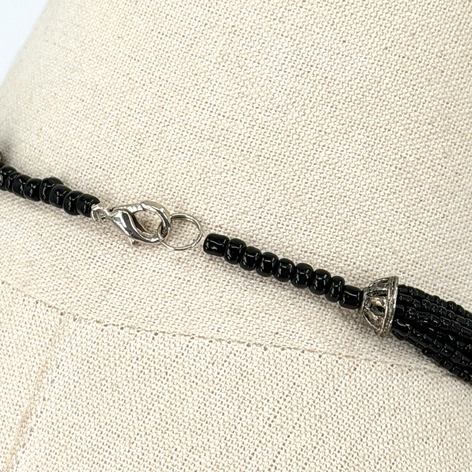 Vintage Black Multi Strand Glass Seed Bead Silver Tone Accent Statement Necklace