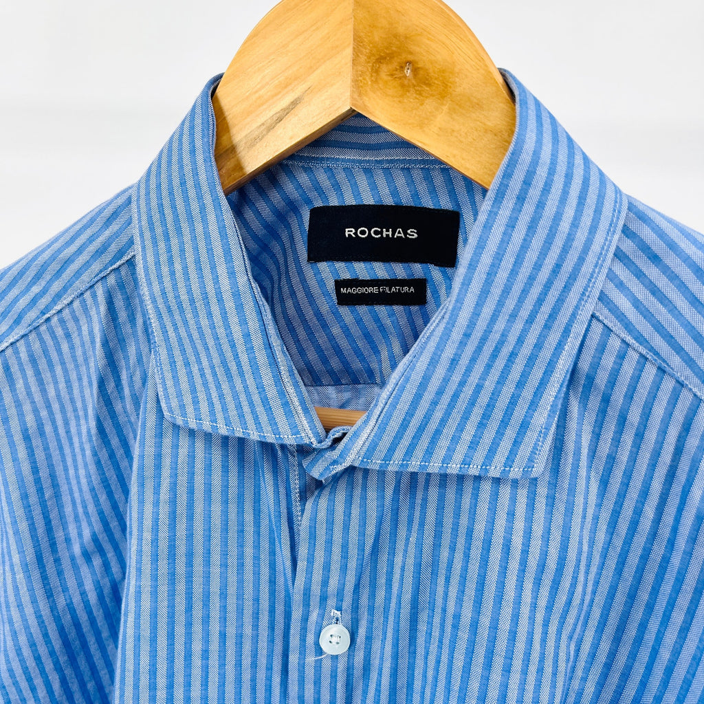 Rochas Blue White Thin Striped Cotton Button Down Dress Shirt
