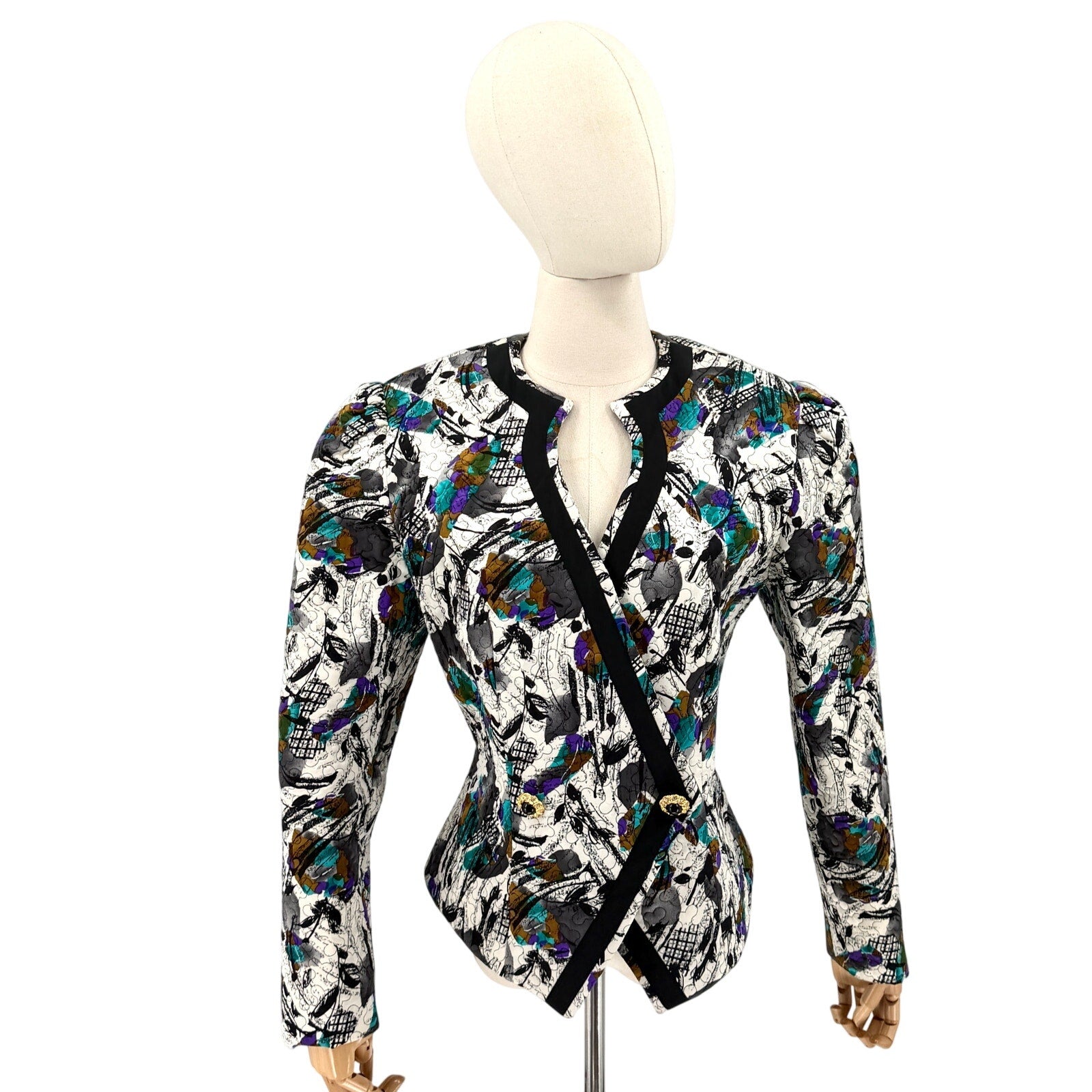 Vintage 80s Liz Elana White Black Abstract 100% Silk Quilted Peplum Jacket