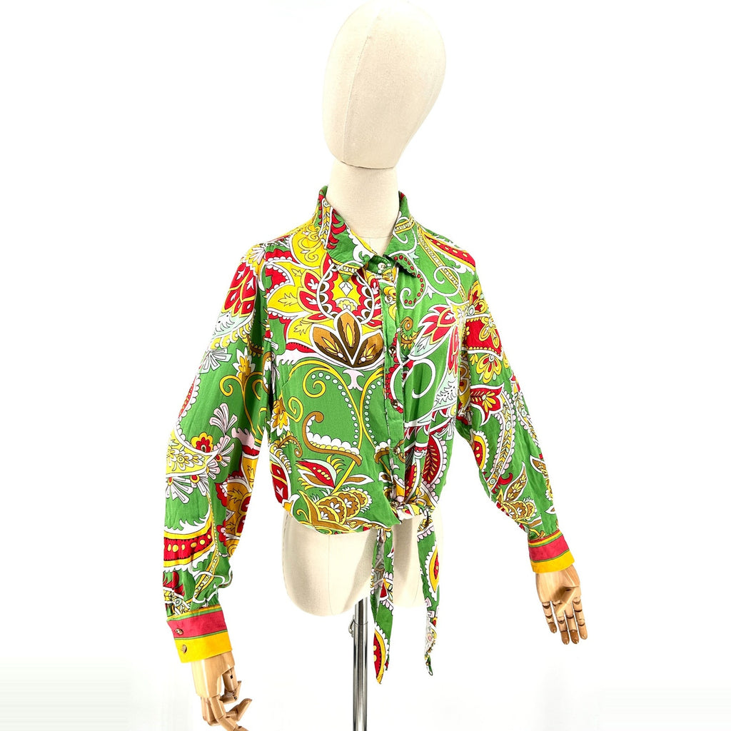 Haute Hippie Green Yellow Paisley Silk Wrap Front Tie Crop Top Blouse