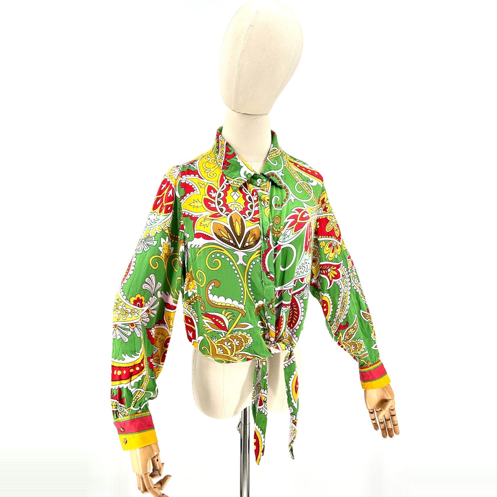 Haute Hippie Green Yellow Paisley Silk Wrap Front Tie Crop Top Blouse