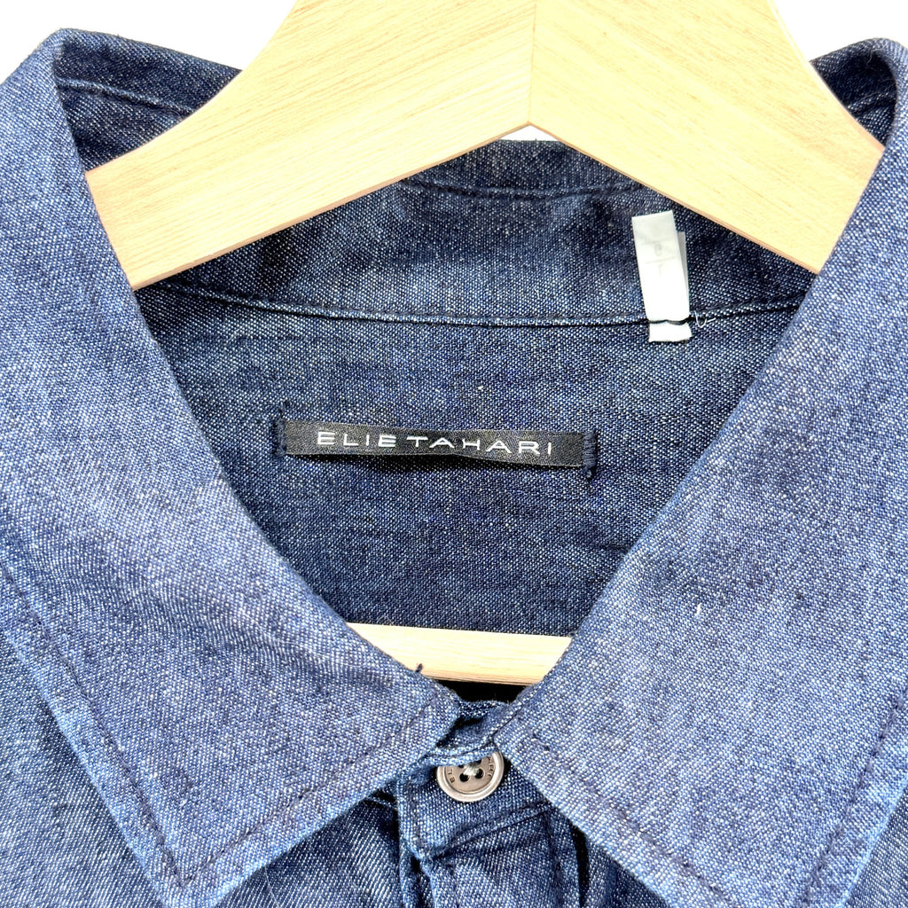 Elie Tahari Blue Cotton Linen Chambray Colorblock Patchwork Shirt