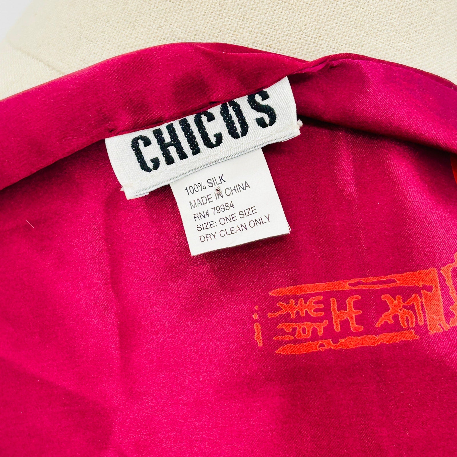 Vintage 90s Chicos Magenta Red Silk Calligraphy Fringe Rectangle Scarf