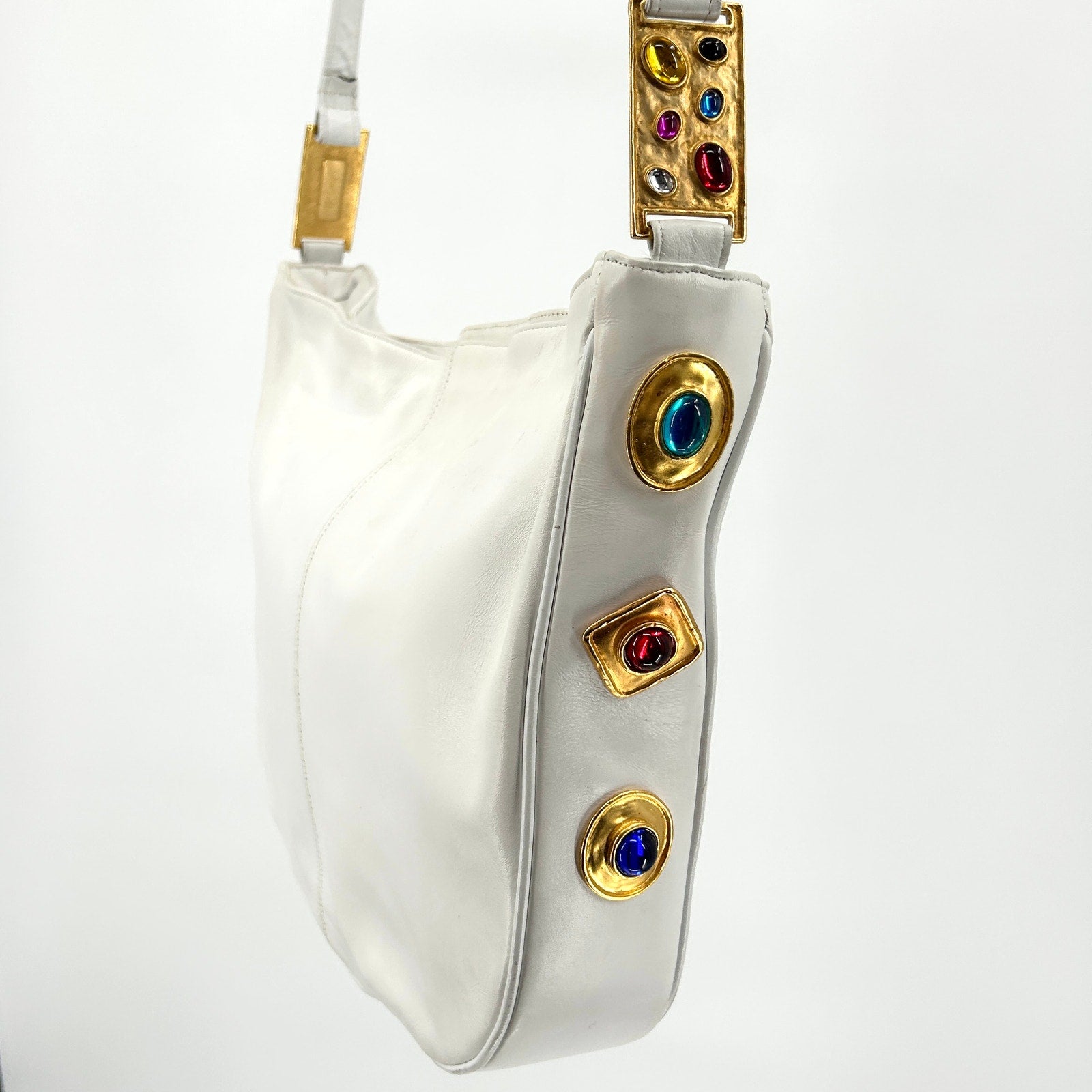 Vintage 80s Joseph B Exclusive White Leather Jewel-Embellished Satchel
