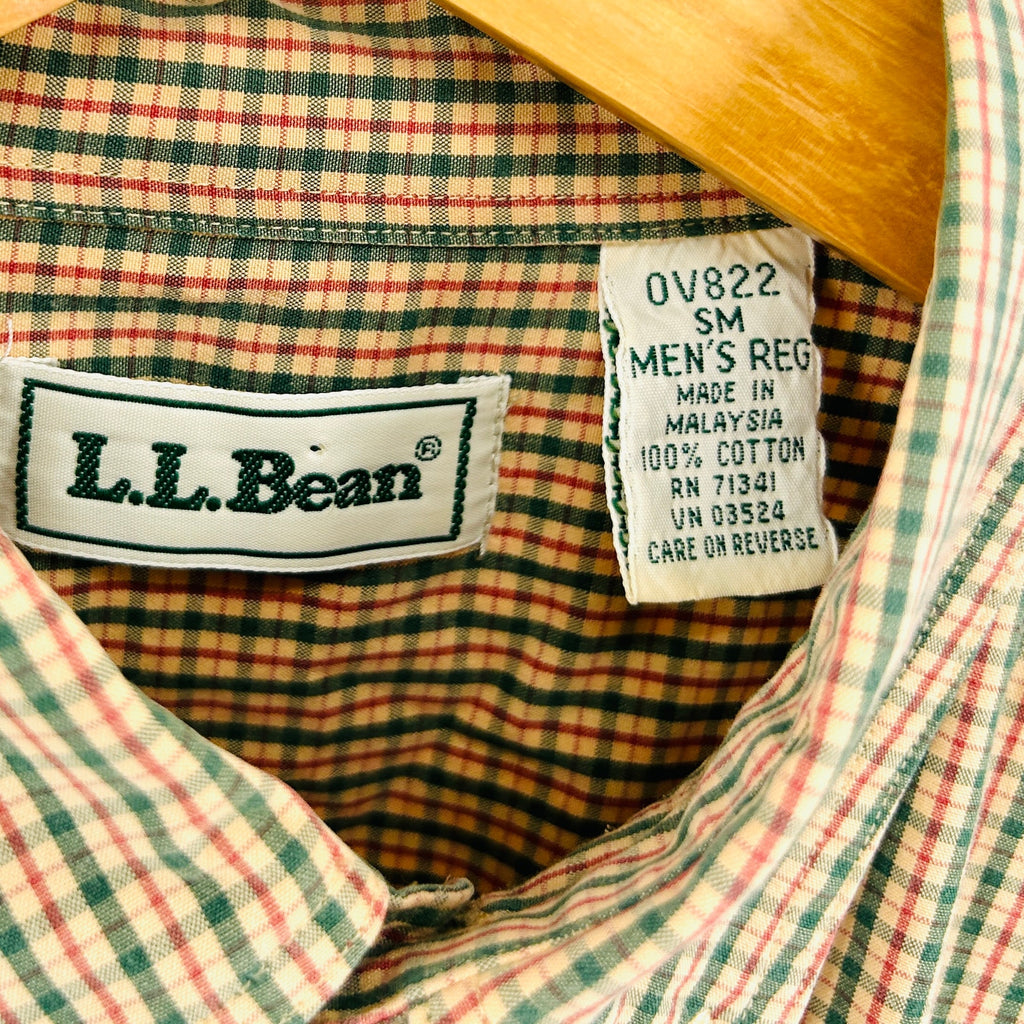 Vintage 90s L.L.Bean Tan Green Red 100% Cotton Check Button-Down Shirt
