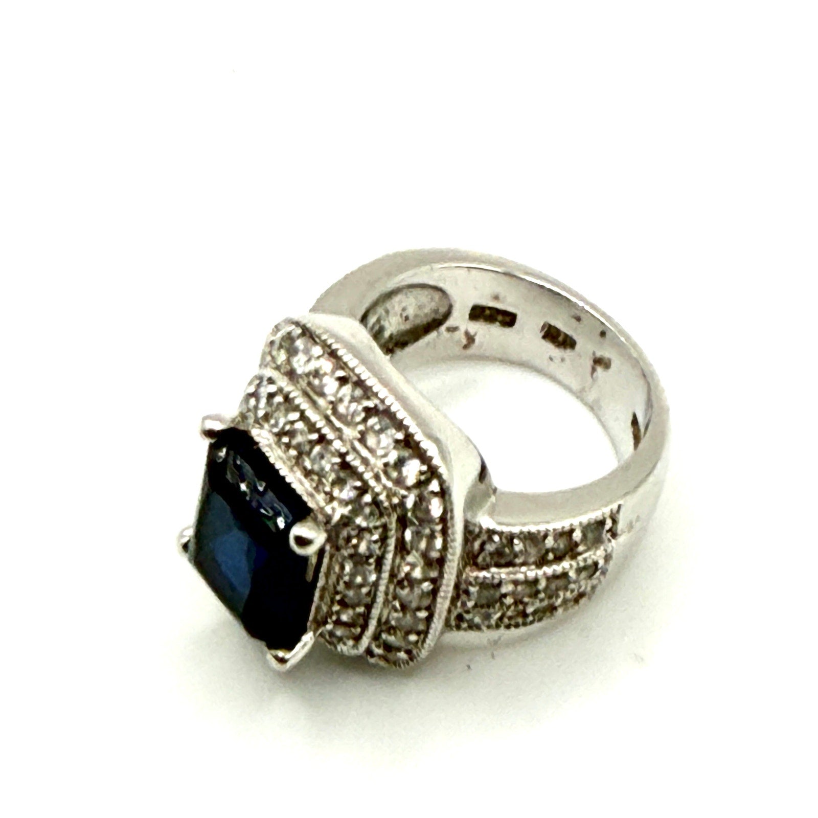 Vintage Y2K Sterling Silver Sapphire CZ Halo Pave Statement Ring