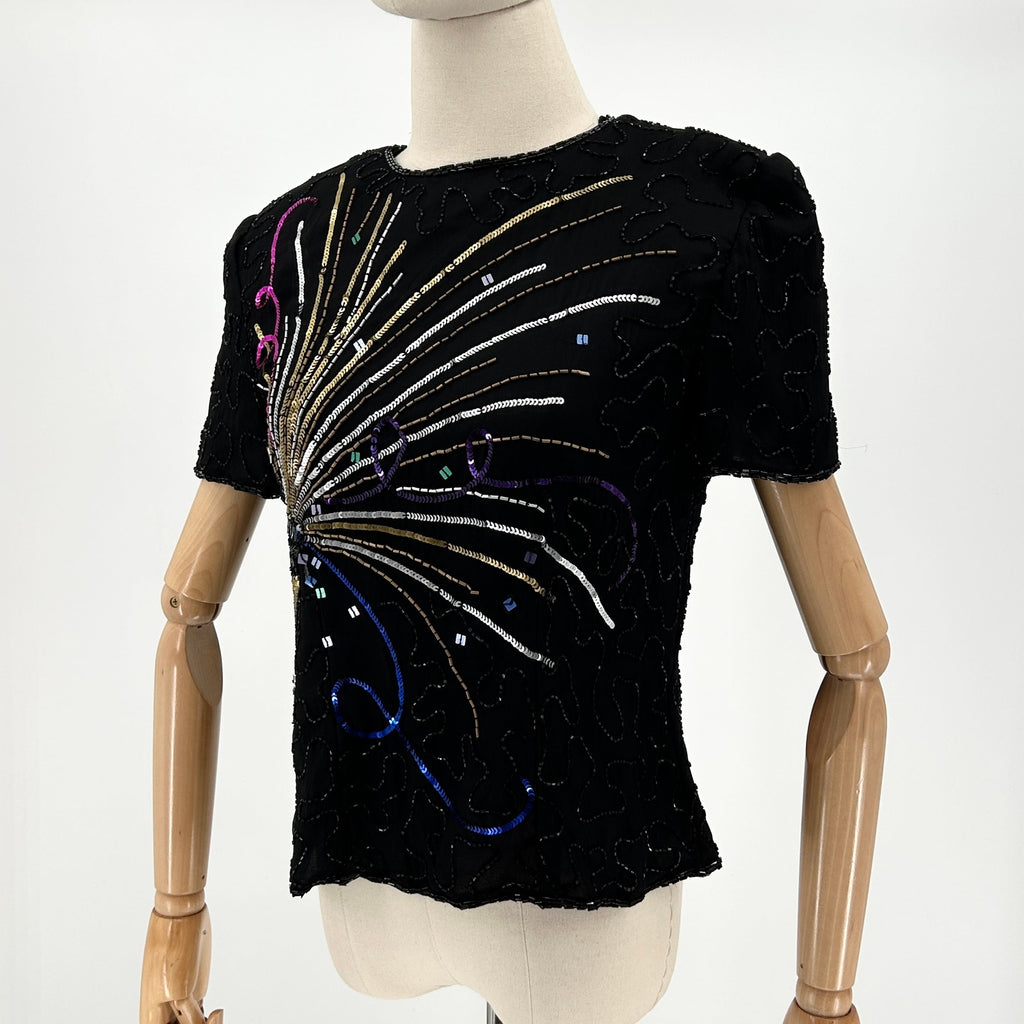 Vintage 90s Adrianna Papell Black 100% Silk Sequin Champagne NYE Top