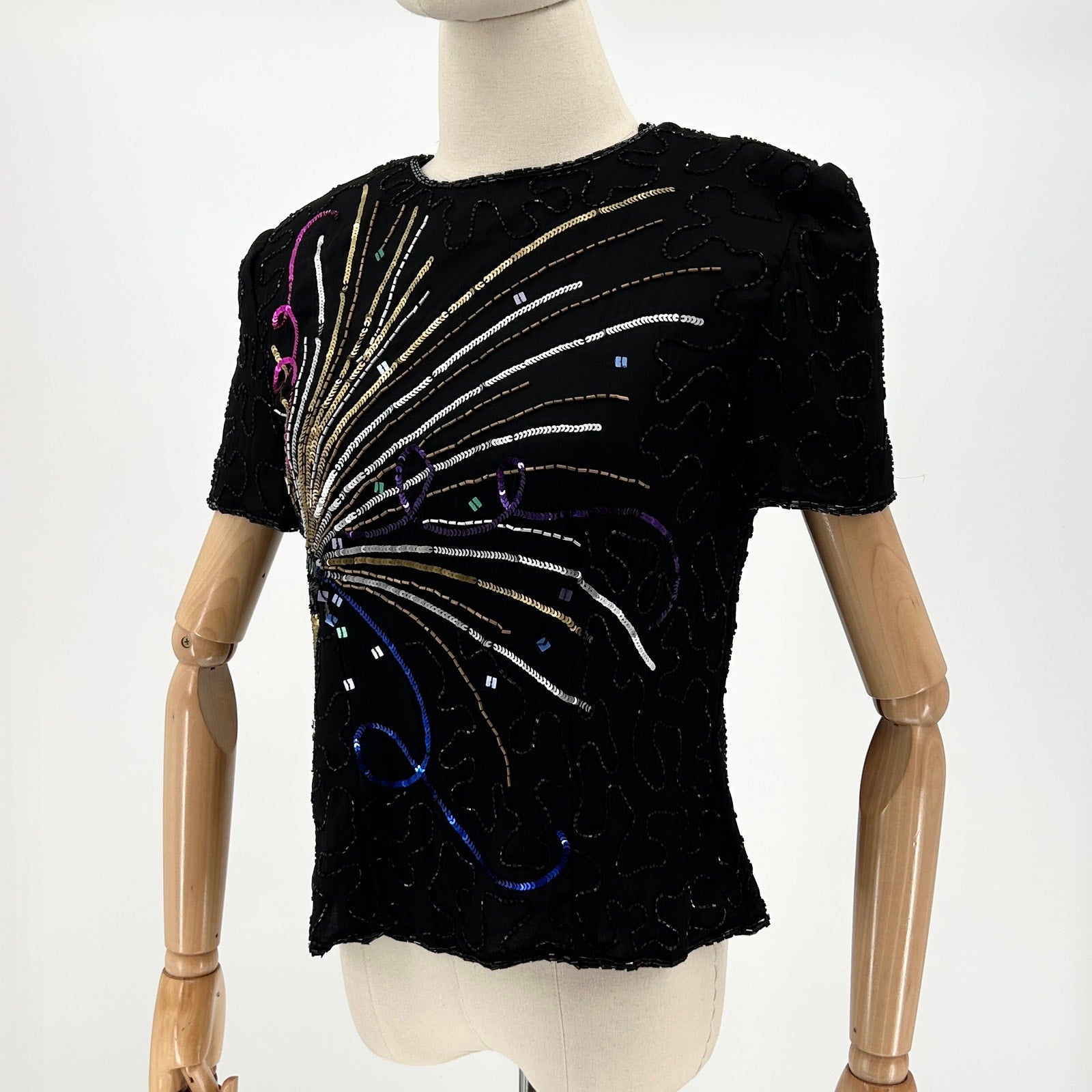 Vintage 90s Adrianna Papell Black 100% Silk Sequin Champagne NYE Top