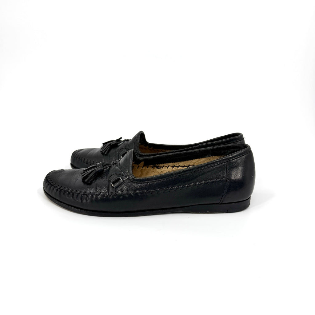 Vintage 90s Santoni Black Genuine Leather Snake Embossed Tassel Loafers