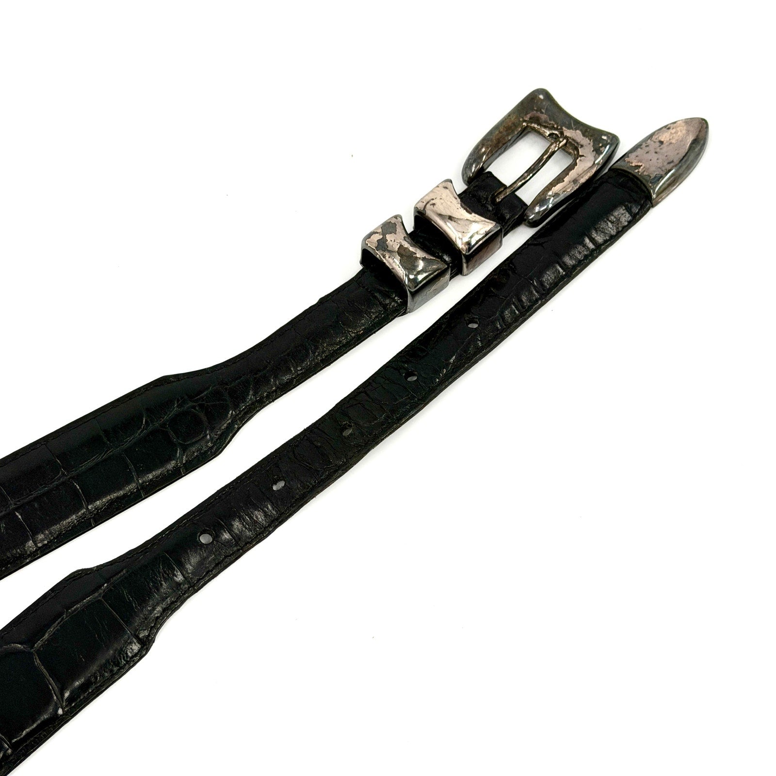 Vintage 90s Black Genuine Leather Croc Embossed Silver Tipped Belt