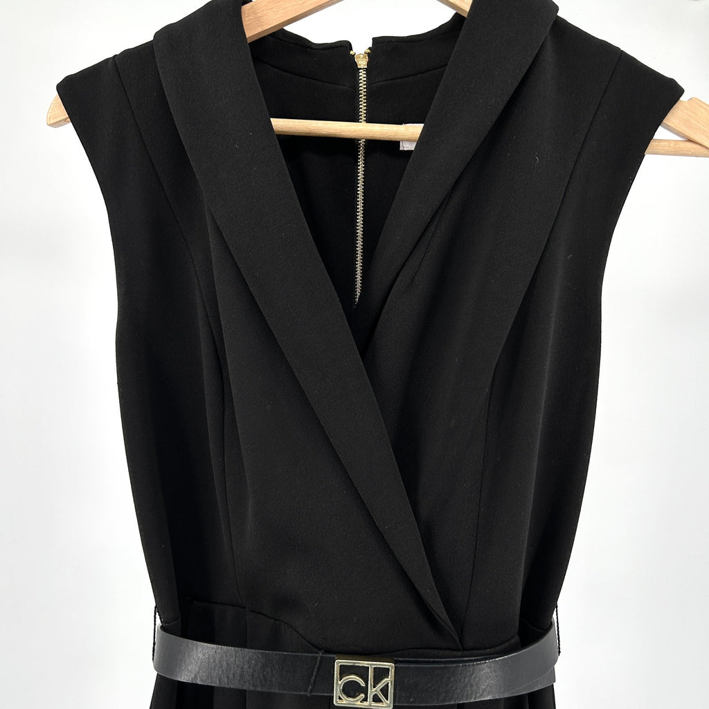 Calvin Klein Black Wide Leg Belted Gold Hardware Sleeveless Jumpsuit