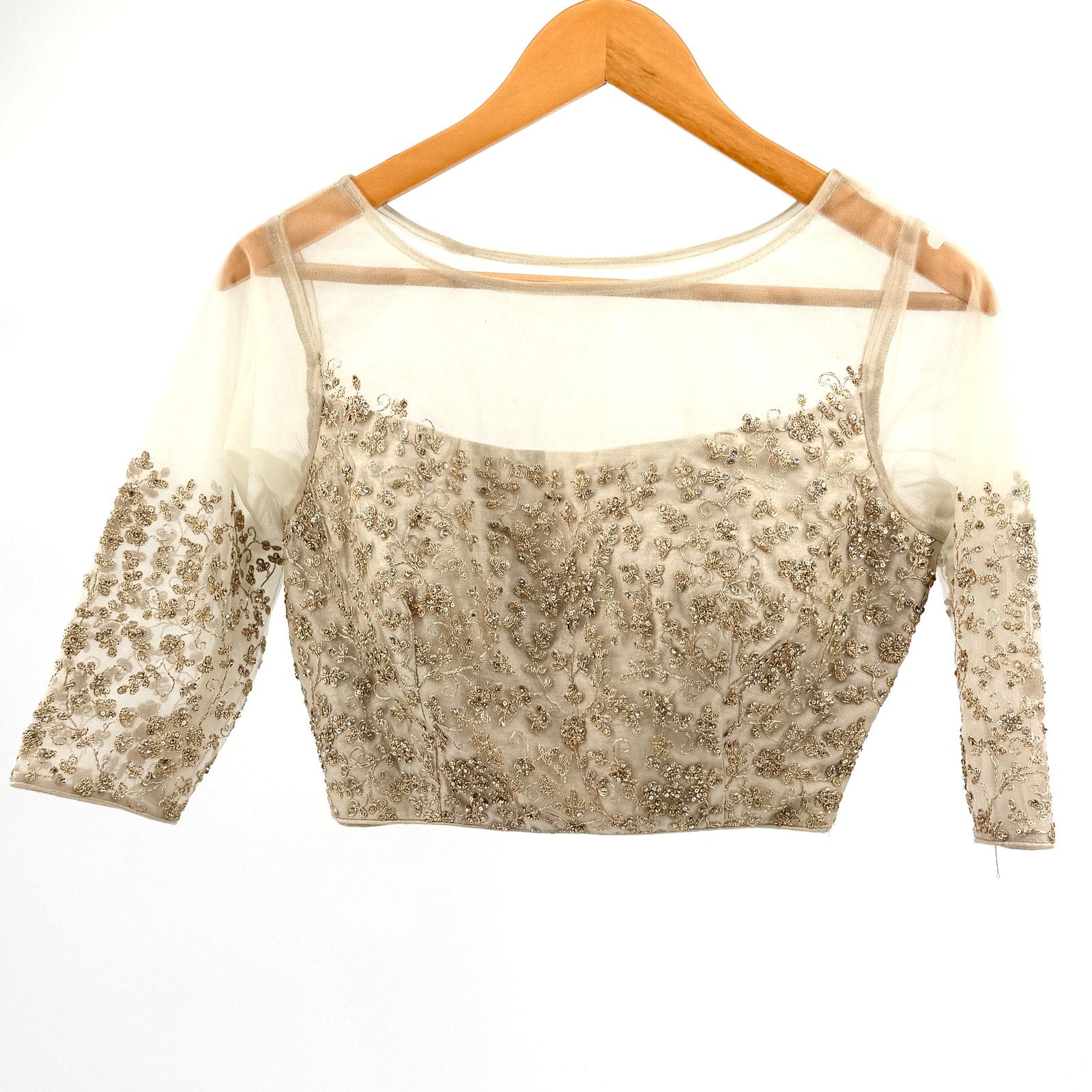 Custom Champagne Mesh Rhinestone Beaded Cropped Sari Blouse Choli