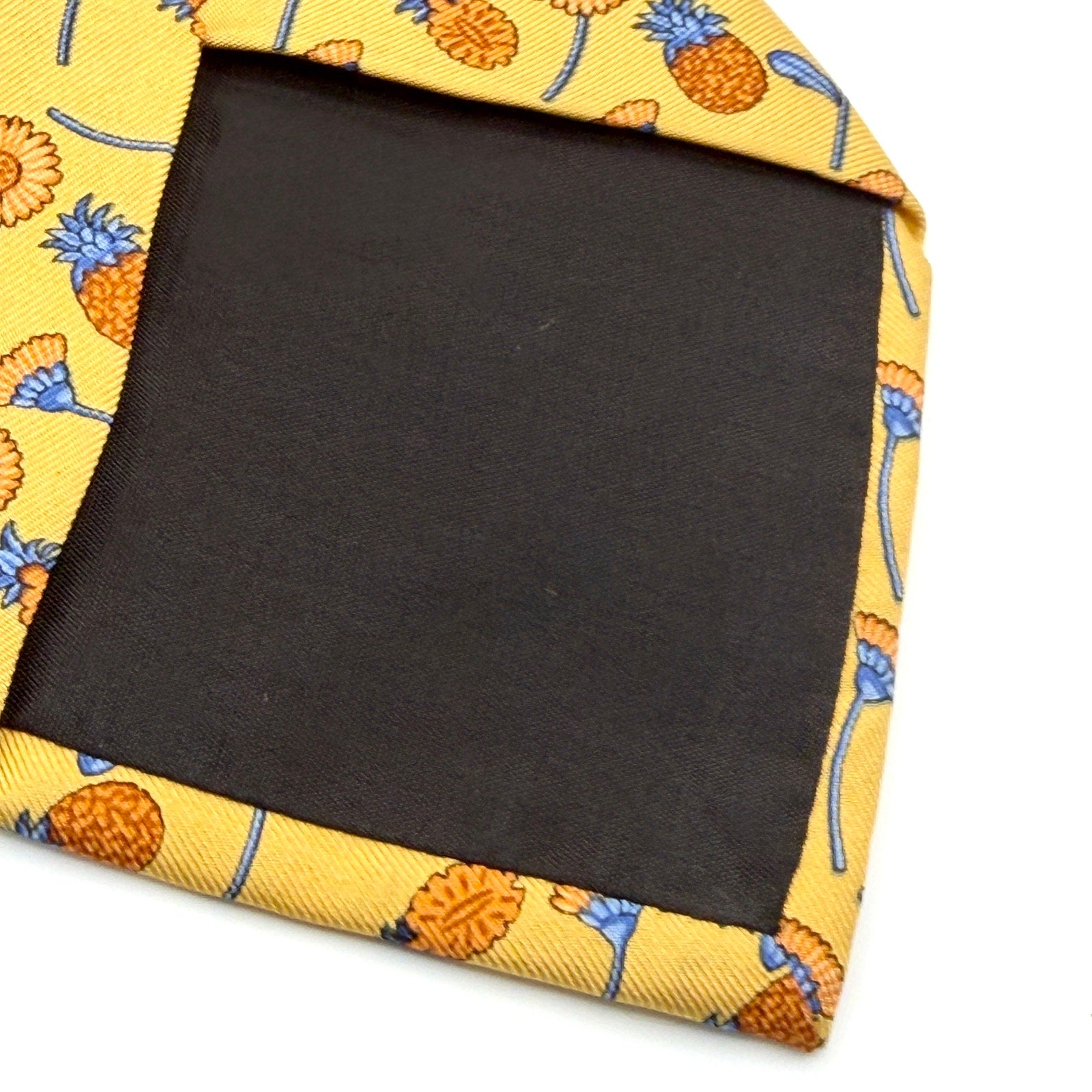 Longchamp Paris Yellow Silk Pineapple Sunflower Print Necktie