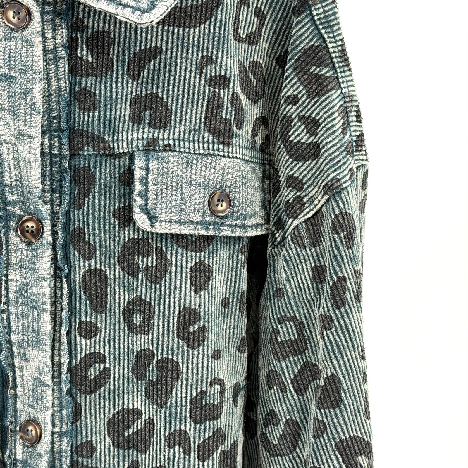 Bibi Vintage Washed Green Sage Corduroy Leopard Spot Button Down Shacket Jacket