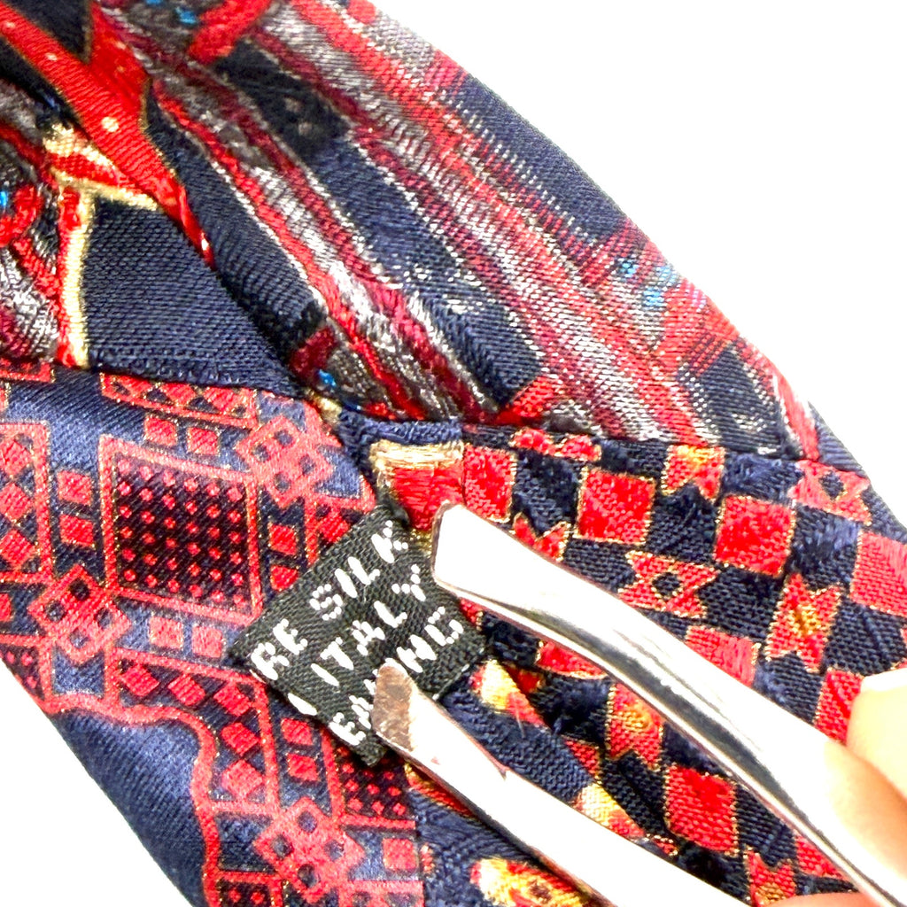Vintage 90s Stefano Ricci Navy Red 100% Silk Patchwork Geometric Luxury Necktie