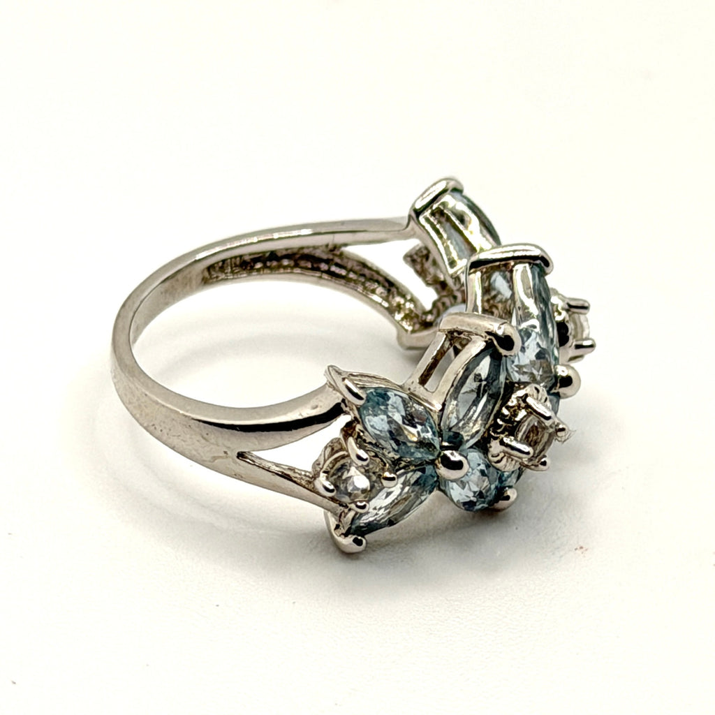 Vintage 90s Sterling Silver Marquise Blue Topaz Floral Cluster Ring