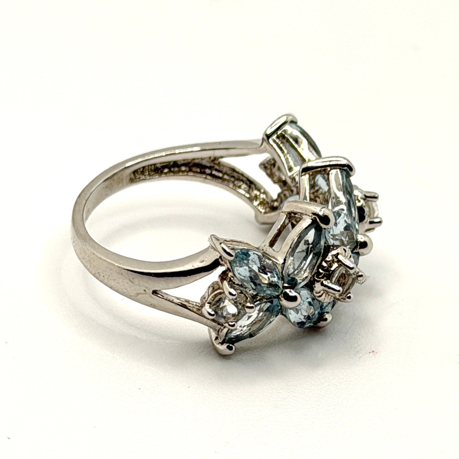 Vintage 90s Sterling Silver Marquise Blue Topaz Floral Cluster Ring