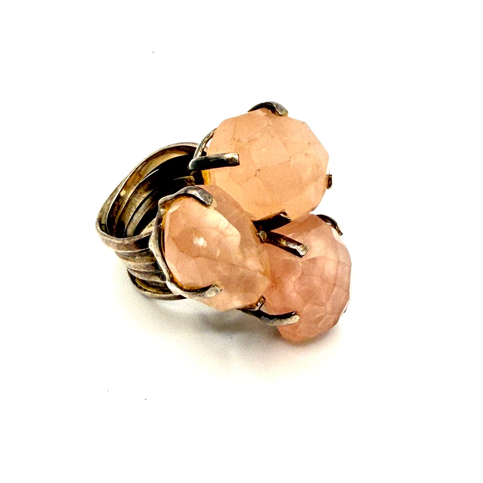 Vintage 90s Sterling Silver Rose Quartz Triple Cluster Statement Ring