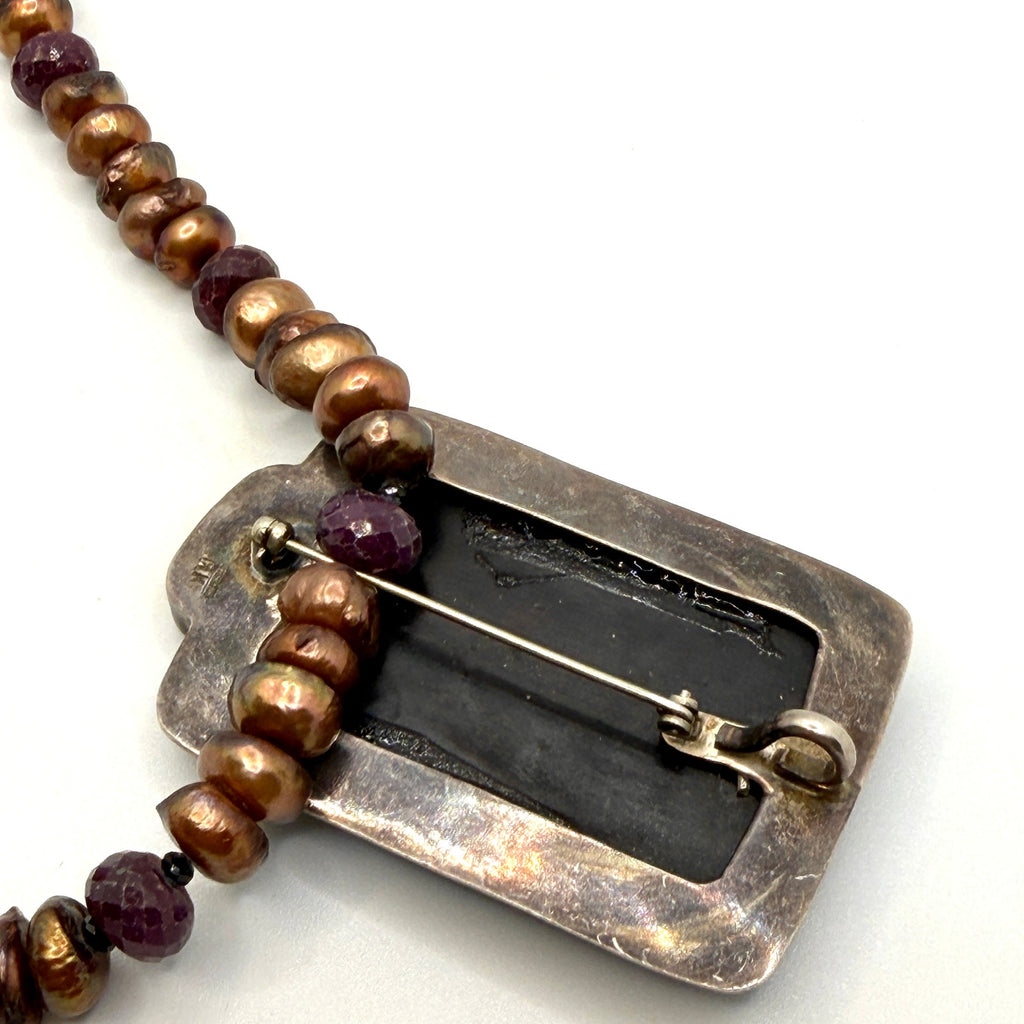 Vintage 90s Amy Kahn Russell Sterling Silver Dragon Pearl Ruby Necklace Pendant