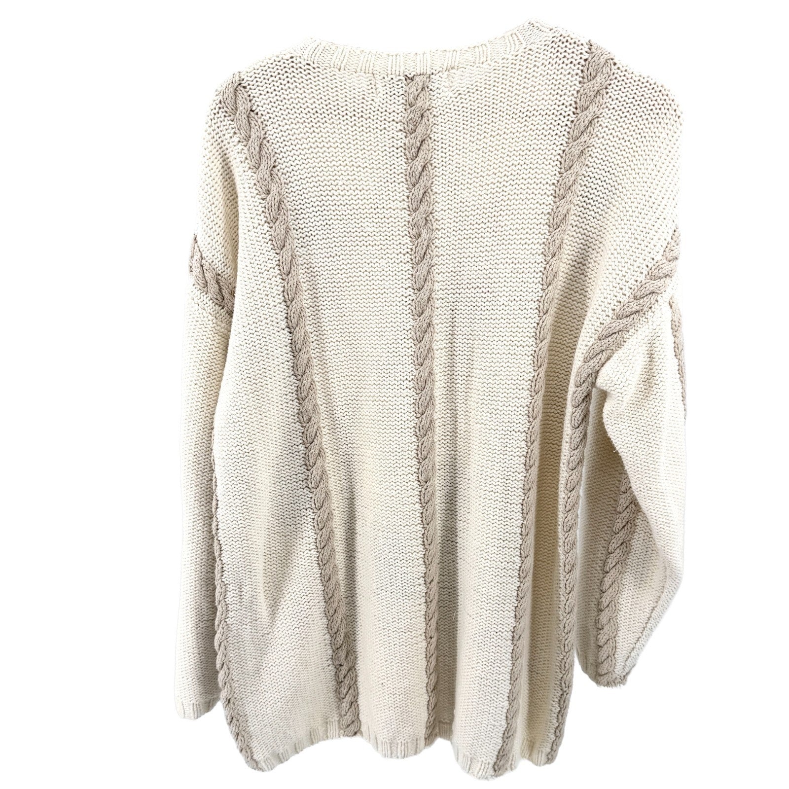 Vintage 90s Alice Collins Cream Cotton Botanical Embroidered Cable Knit Sweater