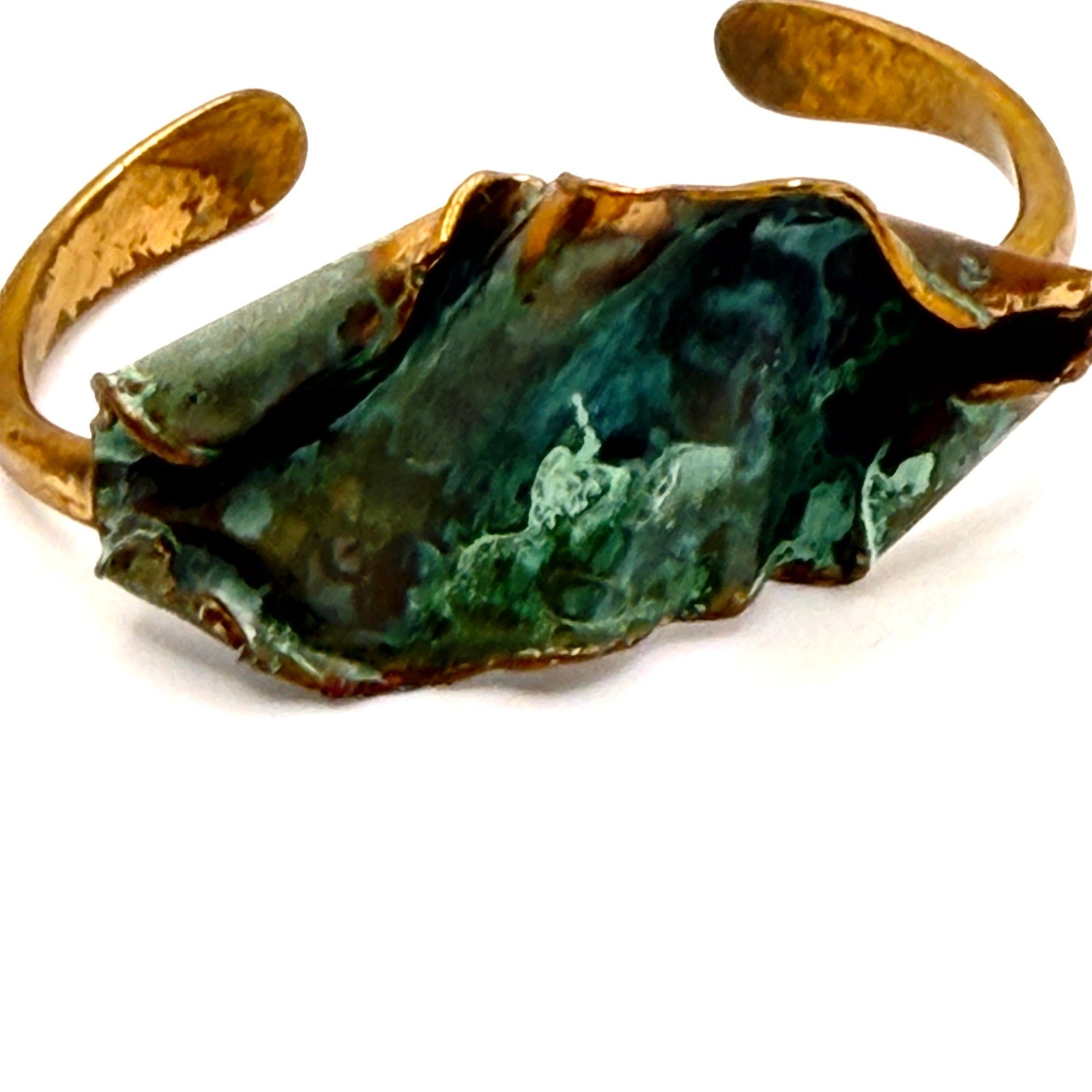 Vintage 70s Brutalist Artisanal Copper Verdigris Patina Sculptural Cuff Bracelet