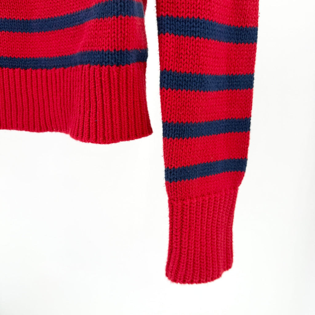 J.Crew Red Navy Blue 100% Cotton Striped Roll Top Mock Neck Sweater