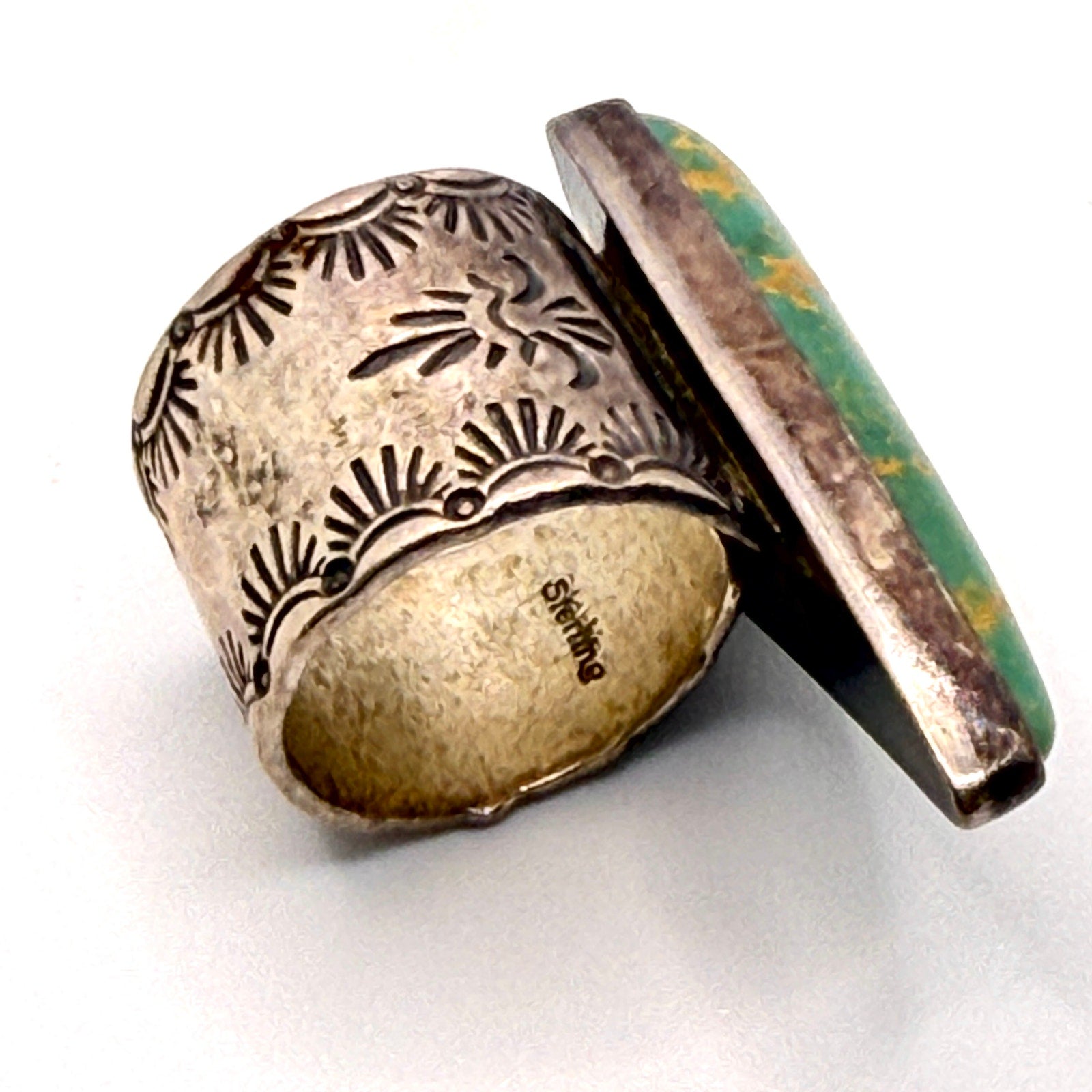 Vintage 90s Southwestern Stamped Sterling Silver Turquoise Triangle Ring