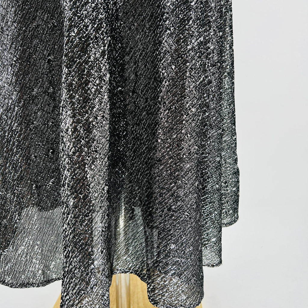 Vintage 80s Handmade Black Silver Metallic Woven Glam Midi Skirt