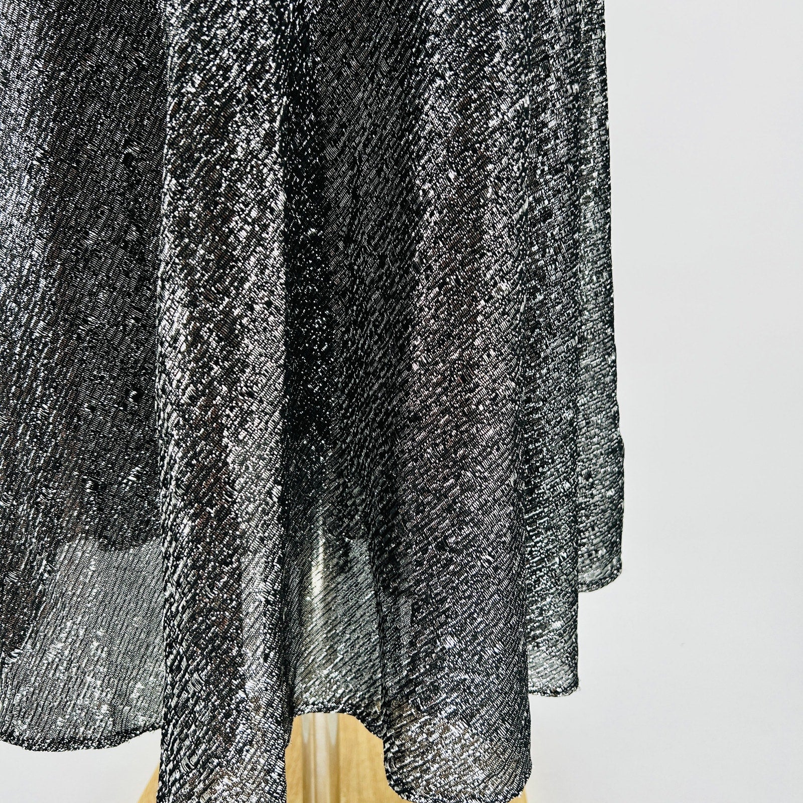 Vintage 80s Handmade Black Silver Metallic Woven Glam Midi Skirt