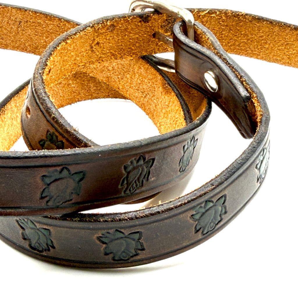 Vintage 70s Brown Genuine Leather Hand Stamped Green Rose Boho Western Belt