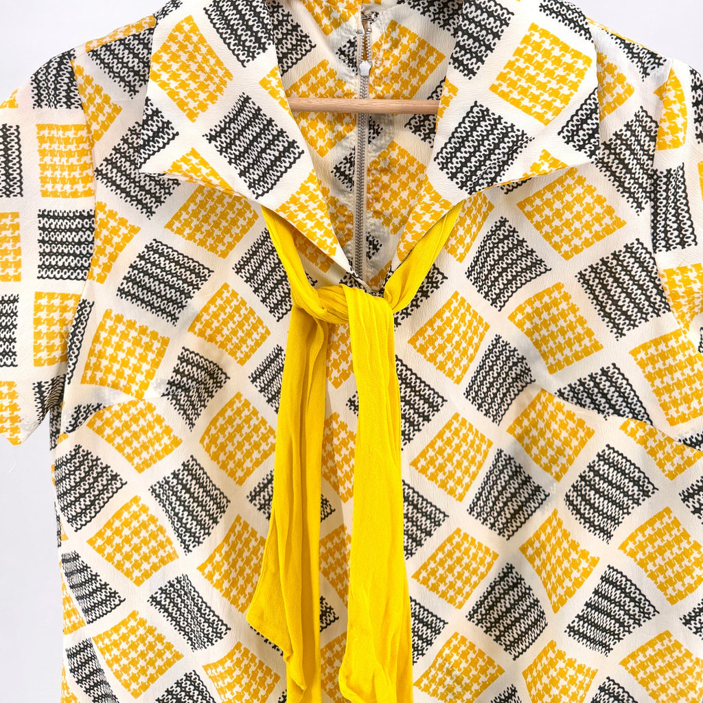 Vintage 60s Handmade Yellow Geometric Check Pleated Drop Waist Dress