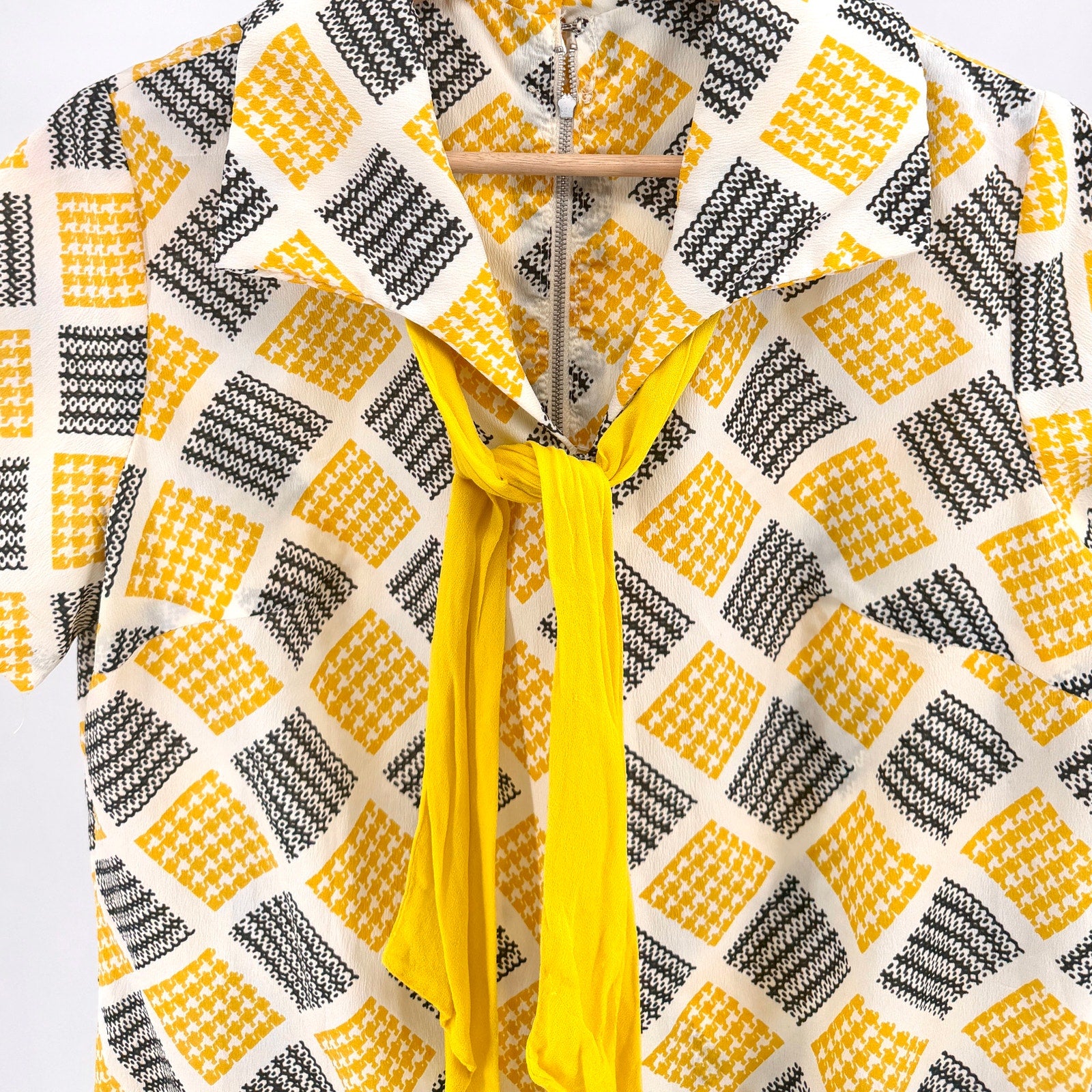 Vintage 60s Handmade Yellow Geometric Check Pleated Drop Waist Dress