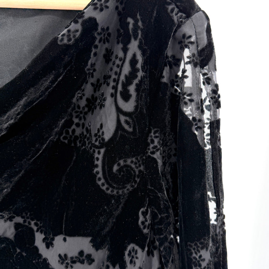 Vintage Y2K Black Burnout Velvet Asymmetrical Fringe Bell Sleeve Blouse
