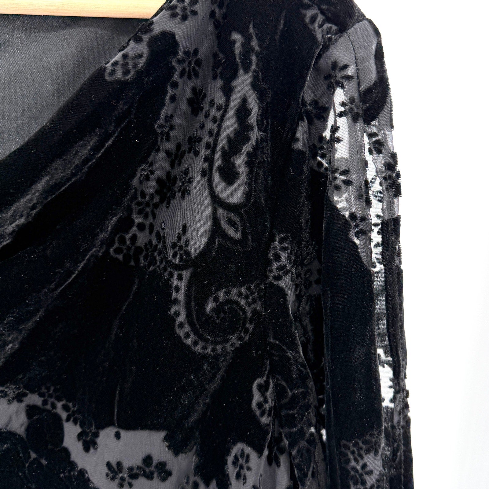 Vintage Y2K Black Burnout Velvet Asymmetrical Fringe Bell Sleeve Blouse