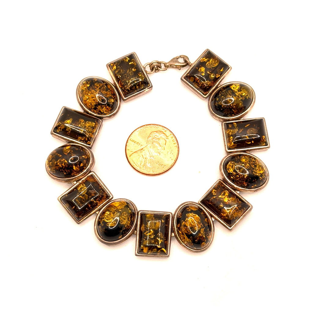 Vintage 90s Stamped Sterling Silver Green Amber Oval Rectangle Link Bracelet