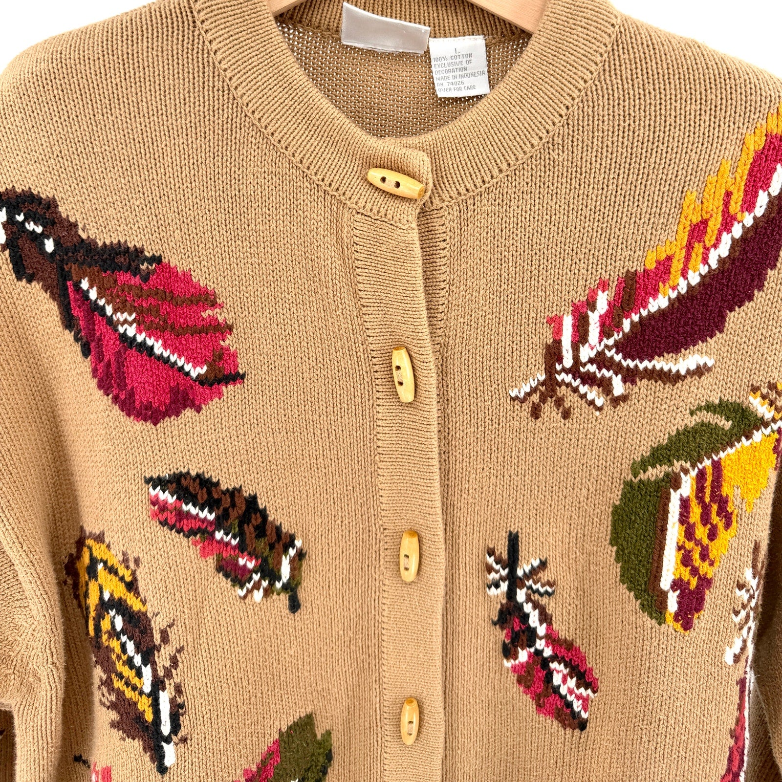 Vintage 90s First Issue Tan Brown 100% Cotton Toggle Knit Cardigan