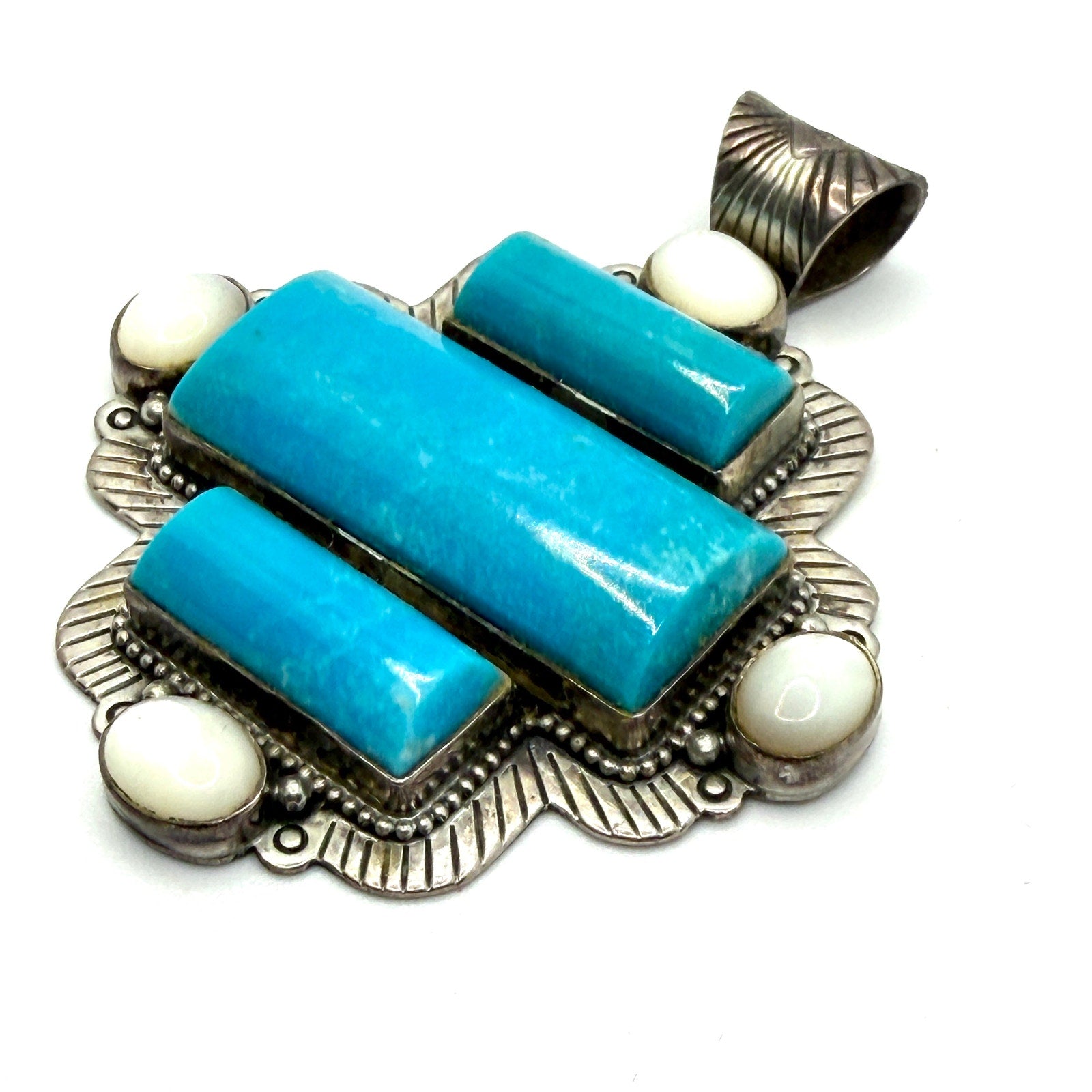 Vintage Y2K D. Troutman Sterling Turquoise Mother of Pearl Signed Pendant