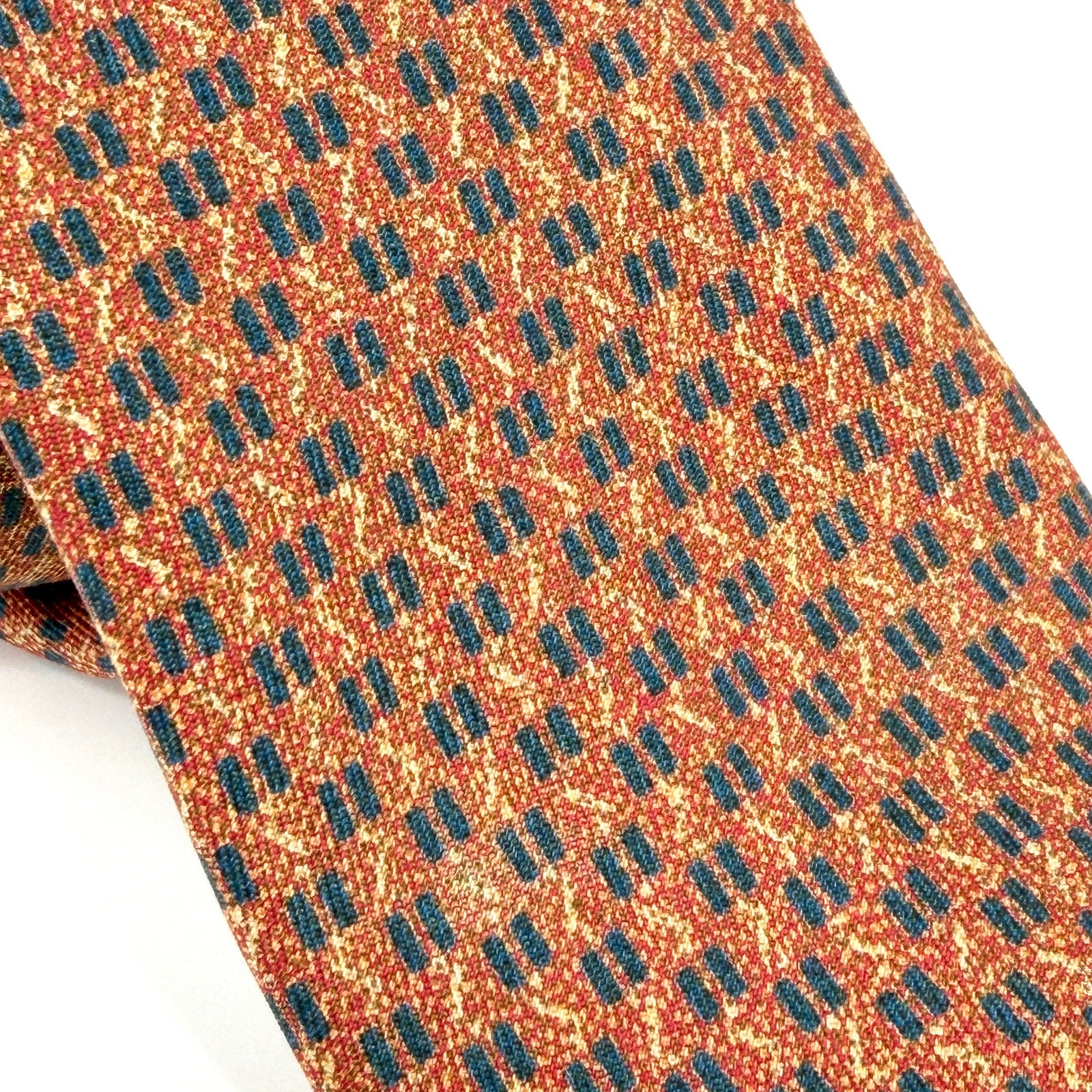Vintage 90s Pierre Cardin Rust Blue 100% Silk Geometric Dash Pattern Tie